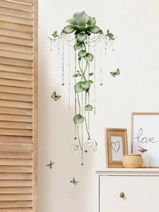 Vertical green leaf vine wall decal with butterfly and floral hanging garden pattern