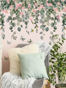 Detailed scene of eucalyptus leaves and pink rose wall stickers with colorful butterflies