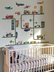 Cartoon transportation wall decals set with vehicles and road signs in a nursery room