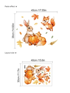 Detail showing autumn forest rabbit fox wall stickers and installation dimensions