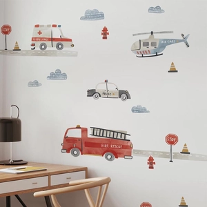 Watercolor Emergency Rescue Vehicles Wall Sticker For Kids Room PVC Removable Ambulance Fire Truck Police Car Decor Decal
