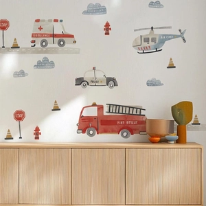 Hand-painted watercolor transport wall decals with ambulance and fire rescue theme for nursery