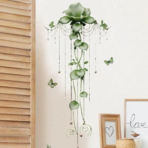 3D green floral wall sticker with butterflies and hanging beads for home decor