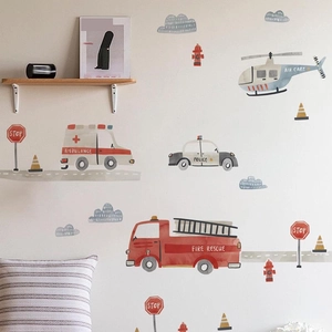 Watercolor transport rescue wall stickers with ambulance and fire truck for kids room