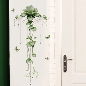 Self-adhesive PVC wall stickers with green butterflies, flowers and pearl vines on white wall