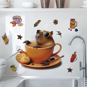 Cartoon Capybara Coffee Cup Wall Sticker Waterproof PVC Self Adhesive Removable Decal For Kitchen Bedroom Living Room Home Decor