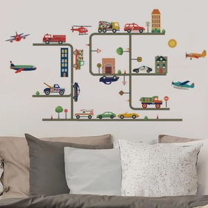 Cartoon vehicle wall stickers with planes and cars for kids bedroom decor