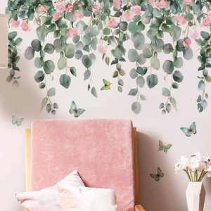 Pastoral Eucalyptus Leaves And Pink Rose Flowers Butterfly PVC Wall Sticker Self-Adhesive Removable Waterproof Wall Decal