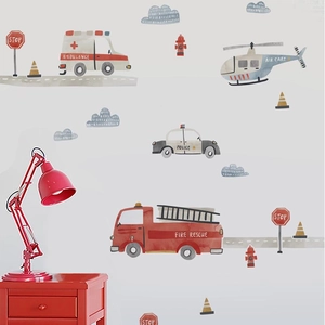 Emergency vehicles wall stickers set with fire truck ambulance and police car decals