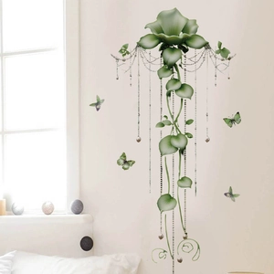 Elegant green flower and butterfly wall stickers with vines for living room decor