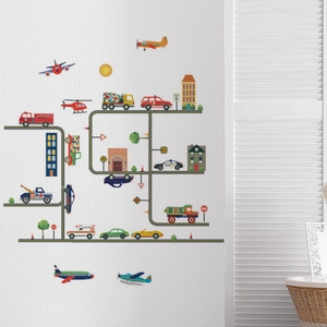 Cartoon city traffic wall stickers for kids room featuring vehicles and road tracks