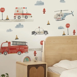 Watercolor emergency vehicle wall stickers with ambulance and fire truck for kids room
