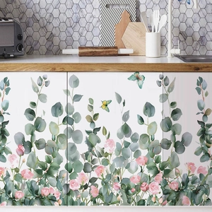 Waterproof floral wall stickers with butterflies and pink roses for home kitchen cabinets