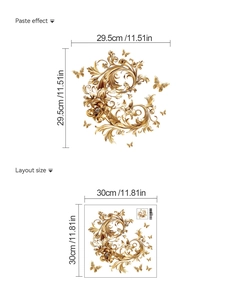 Detailed view of golden butterfly floral wall decal stickers with layout dimensions shown