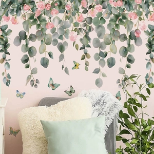 PVC wall decals with eucalyptus leaves, pink flowers, and butterflies for home decoration