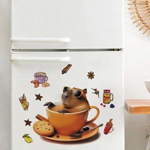 Capybara coffee time wall stickers set in warm orange and brown tones for home decor
