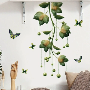 Self-adhesive green plants and butterflies PVC wall decals for living room bedroom decor