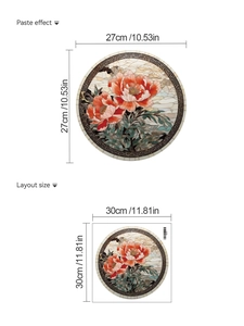 Close-up of circular lotus mosaic sticker showing paste effect and layout dimensions