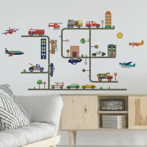 Vibrant cartoon city traffic wall decals with airplanes, cars and roads for kids room