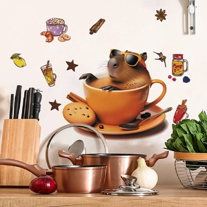 Cartoon capybara in coffee cup wall sticker set for kitchen and living room decor