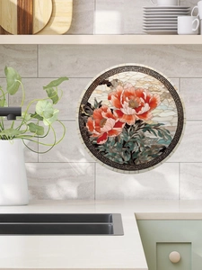 Detailed macro view of a floral mosaic wall sticker with red lotus and Greek key border