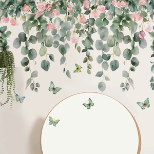 Self-adhesive PVC wall decals with eucalyptus vines, pink roses and flying butterflies
