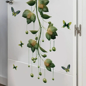 3D realistic green plants and purple butterflies self-adhesive PVC wall sticker for home decor