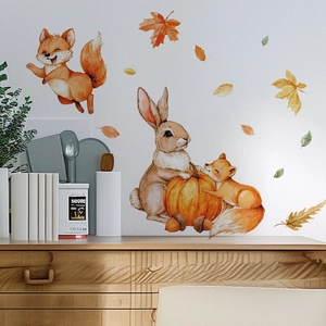 Watercolor Autumn Wall Sticker Fox Rabbit Pumpkin Maple Leaf PVC Self Adhesive Removable Decal For Living Room Bedroom Decor