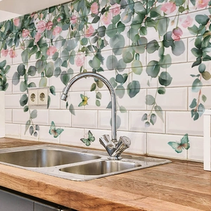 Self-adhesive PVC wall stickers with green leaves and butterflies on tile background