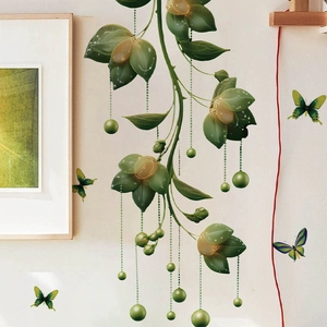 Self-adhesive PVC wall sticker featuring hanging green plants and colorful butterflies