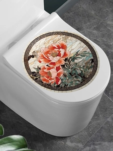 Detail view of a floral lotus toilet lid sticker with vibrant red peonies on white porcelain