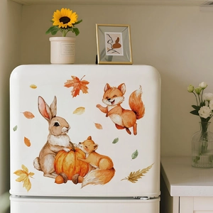 Autumn woodland wall decals featuring watercolor rabbit, foxes, pumpkin and maple leaves