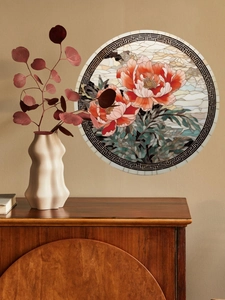 Detail of a Chinese style floral PVC wall sticker with pink lotus and classic patterns