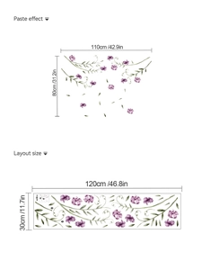 Detail of purple floral wall sticker layout and finished size 110x80cm dimensions
