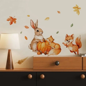 Watercolor rabbit and fox autumn wall stickers set for living room cozy home decor