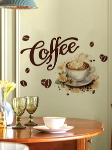 Detail showing Coffee wall decal with heart latte art, rose, and coffee beans on beige wall