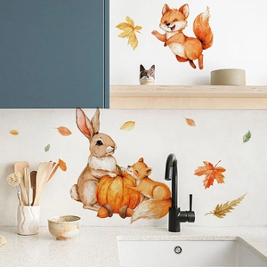 Watercolor fall wall stickers featuring foxes, rabbit and pumpkins for home decor