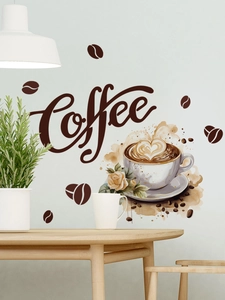 Detail of coffee wall sticker featuring latte art, coffee beans and yellow roses