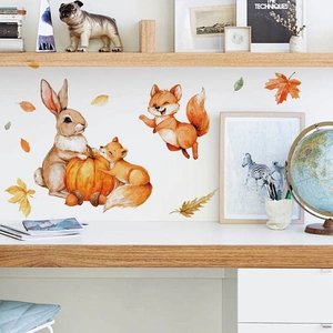 Autumn themed rabbit and fox wall stickers with pumpkins and leaves for home decor
