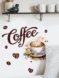 Detail of coffee wall sticker with latte art, yellow roses, and beans on white wall