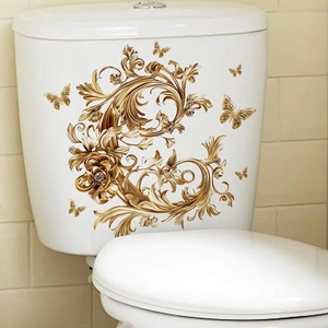 Golden Butterfly Flower Baroque Wall Sticker PVC Waterproof Removable Toilet Decal Vintage Luxurious Home Decor Background Mural