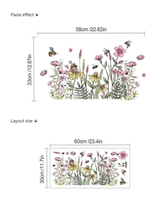 Sticker mural fleurs et abeilles montrant l'effet de pose et les dimensions de 60x30cm