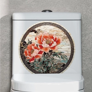Self-adhesive PVC toilet lid sticker featuring a Chinese peony mosaic art design