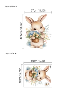 Detailliertes Wandtattoo-Layout und Anwendungsgröße mit süßem Hasen und Blumen