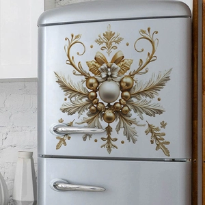 Elegant gold and silver snowflake Christmas wall stickers on a retro silver refrigerator surface
