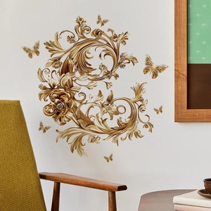 Golden baroque wall stickers with butterfly and floral patterns for home decor