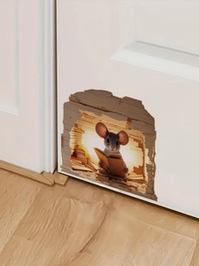 Detailed 3D mouse hole wall sticker showing a cute mouse reading with warm lighting