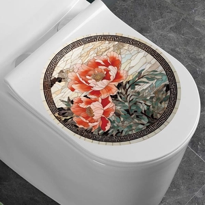 Waterproof PVC toilet lid sticker with red peony floral design and mosaic background