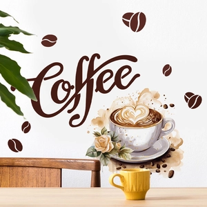 Coffee Time Wall Stickers PVC Waterproof Artistic Lettering Coffee Cup Pattern Removable Decals For Kitchen Cafe Decor