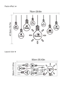 Detailed size chart for light bulb wall stickers showing layout 90x30cm and finished 76x47.6cm
